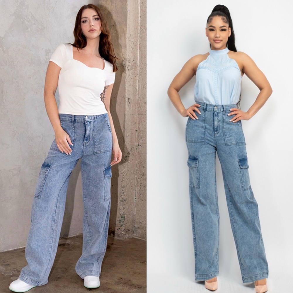 Women's Blue Denim Cargo Jeans Stretchy Waist